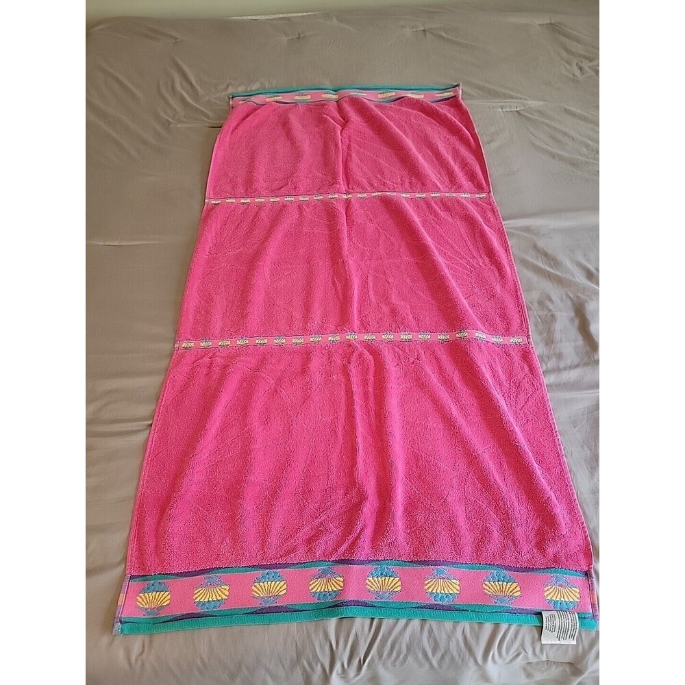 Vintage Palm Cove Beach Bath Towel Cotton Pink Seashells 29"x56"